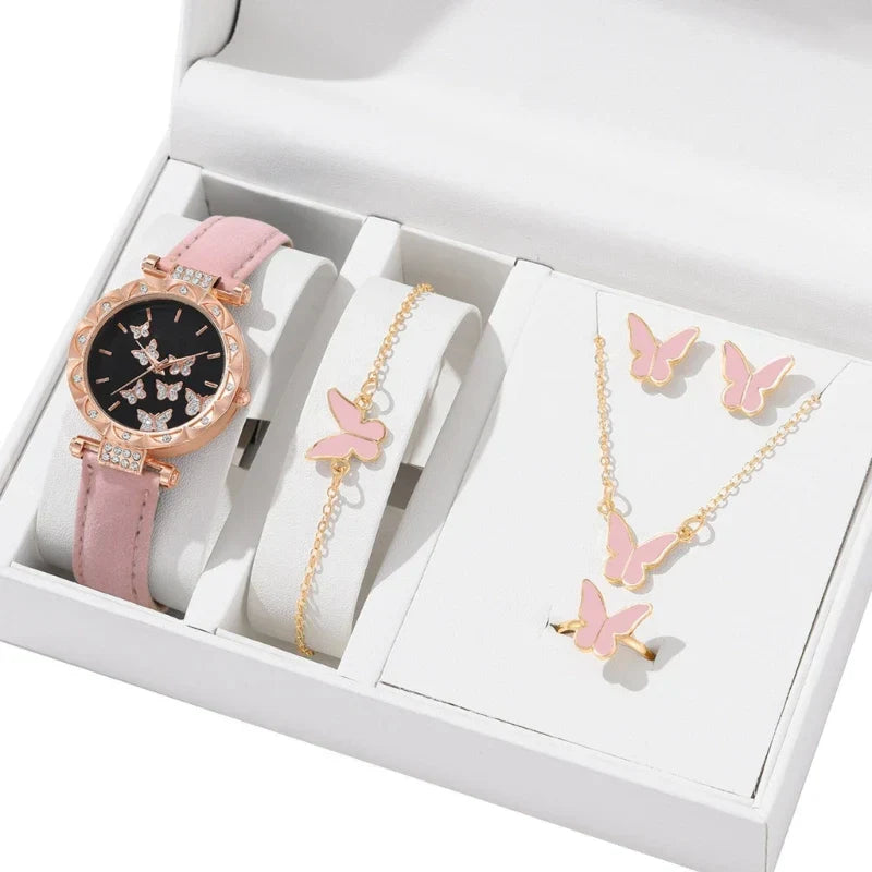 Butterfly Jewelry Set Watch Necklace Earrings Bracelet (Pink)
